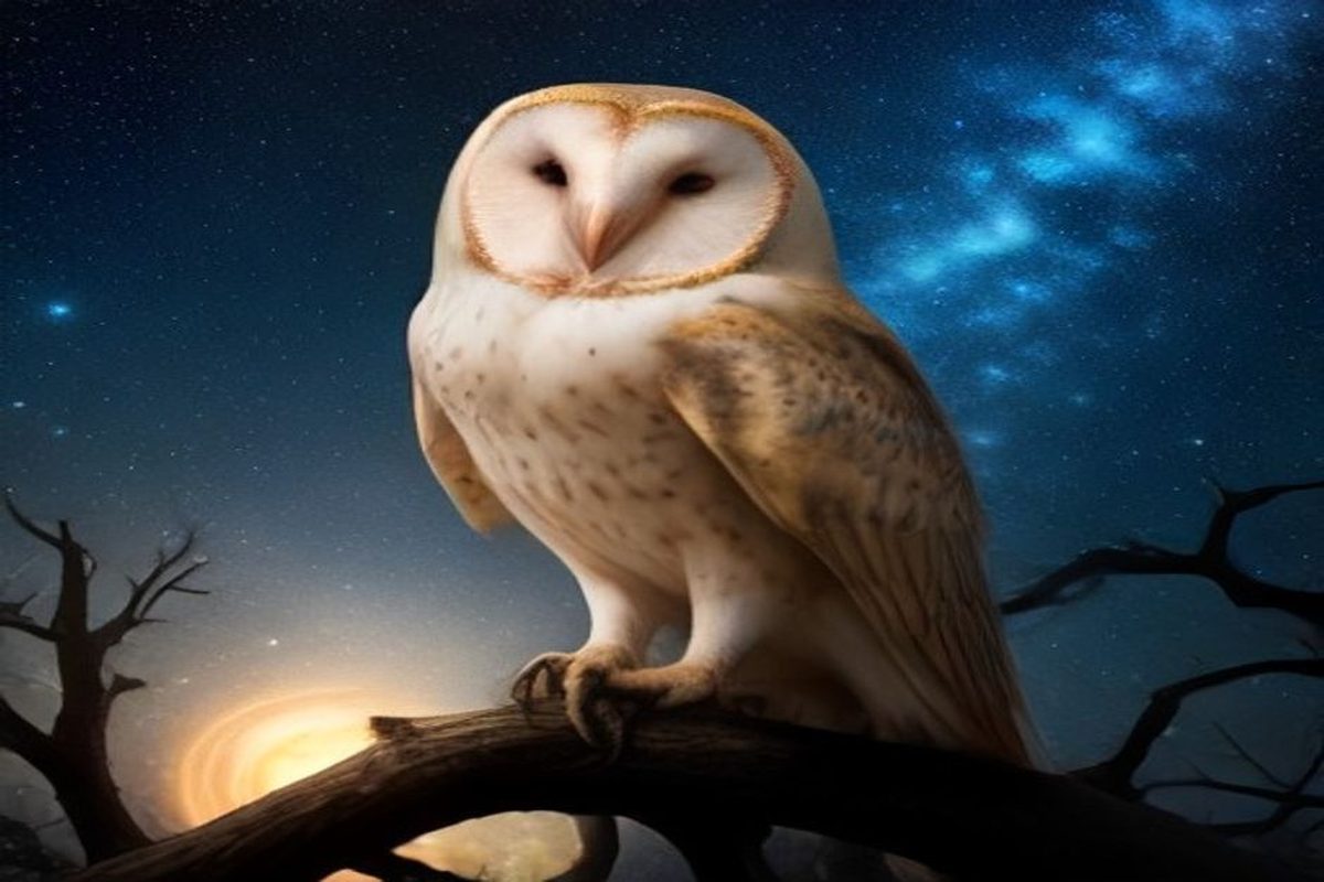 Imagem de uma coruja sobre uma árvore contra um céu noturno estrelado