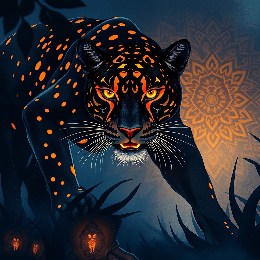 Onça-pintada com olhar sereno atravessando a escuridão da floresta, em tons de azul profundo e dourado, representando a travessia da noite no sonho