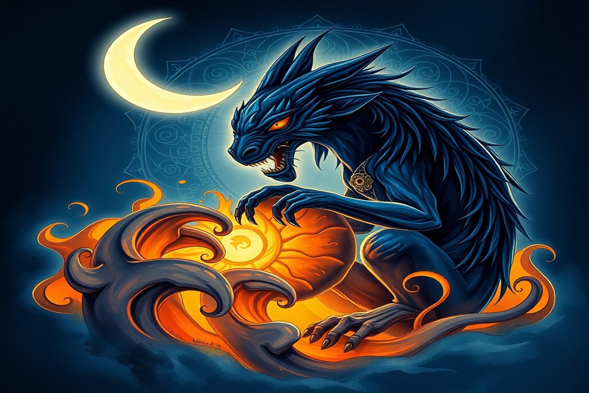 Ilustração simbólica de uma pessoa adormecida cercada por criaturas noturnas: um baku, uma figura feminina pálida e um gato preto.
