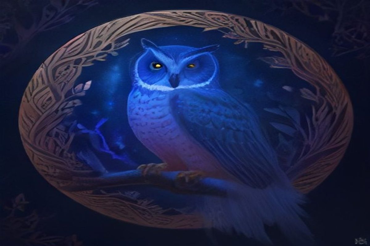 Ilustração simbólica de uma coruja noturna sobre galho, com olhos luminosos e penas escuras, sob um céu estrelado e lua crescente
