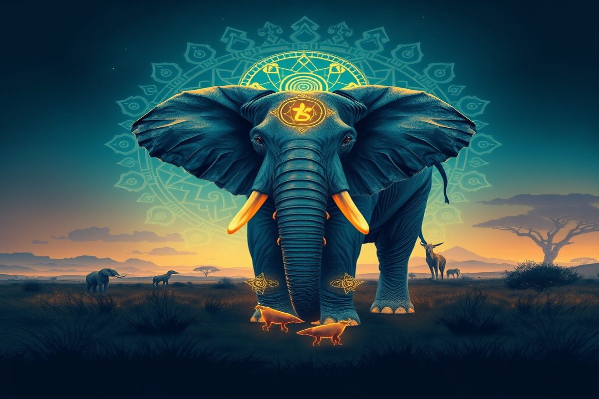 Ilustração simbólica de uma matriarca elefante conduzindo sua manada sob luz dourada de savana, com a memória dos ossos ancestrais à frente