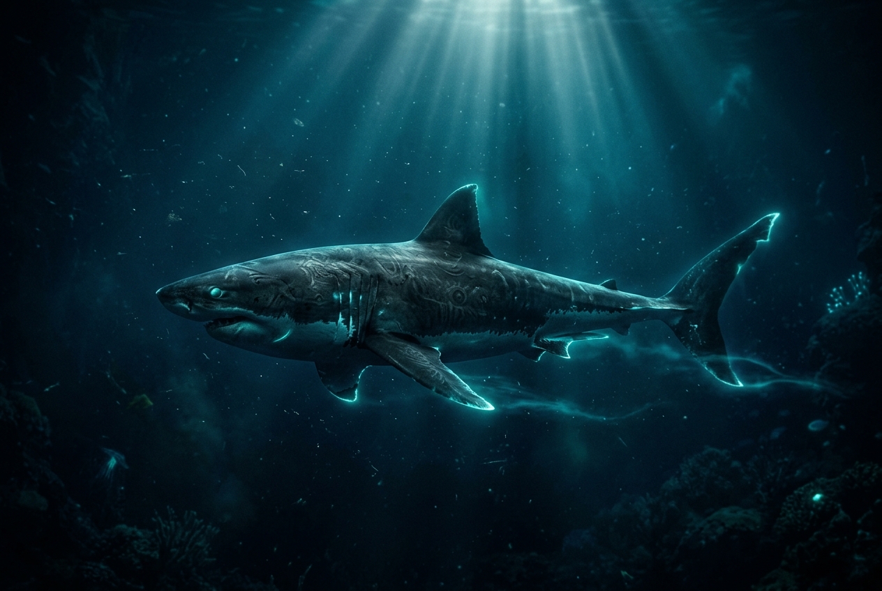 Ilustração mística de um tubarão ancestral emergindo de águas oceânicas escuras e profundas com bioluminescência sutil
