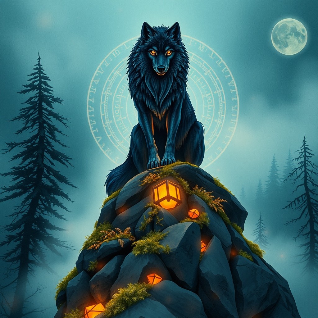 Lobo em pé sobre uma pedra, uivando para o céu noturno estrelado, com uma floresta ao fundo em tons de azul e prata, evocando a medicina ancestral do lobo.