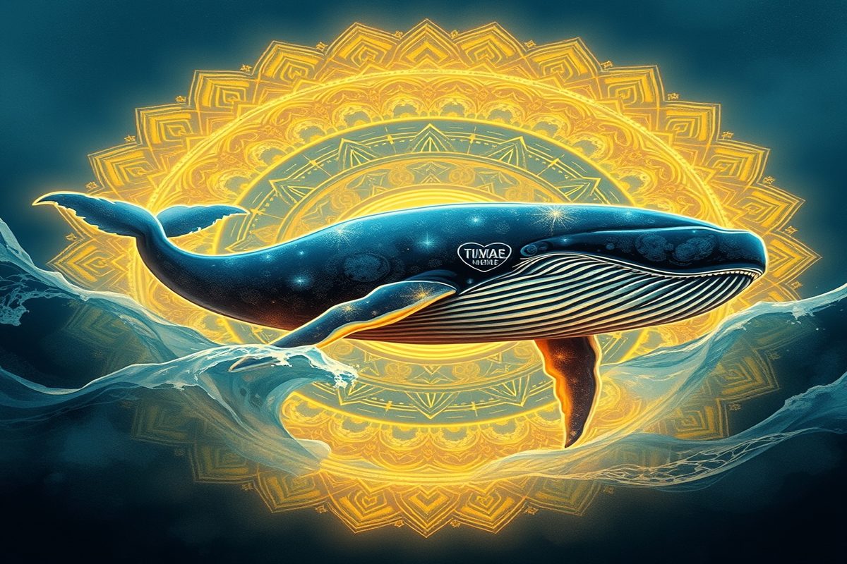 Baleia jubarte emergindo no oceano profundo, envolta em luz suave, representando memória ancestral e escuta interior
