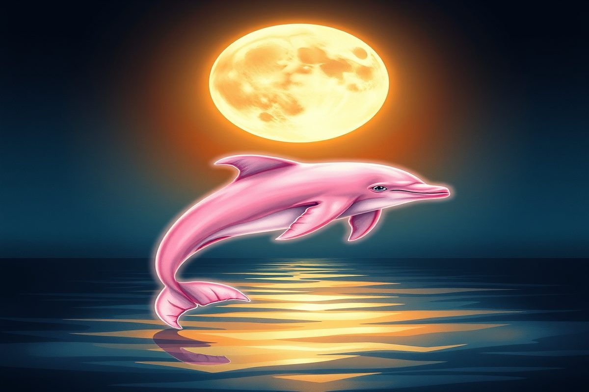 Ilustração de um boto-cor-de-rosa emergindo de águas escuras ao luar, com contornos de homem de chapéu branco ao fundo