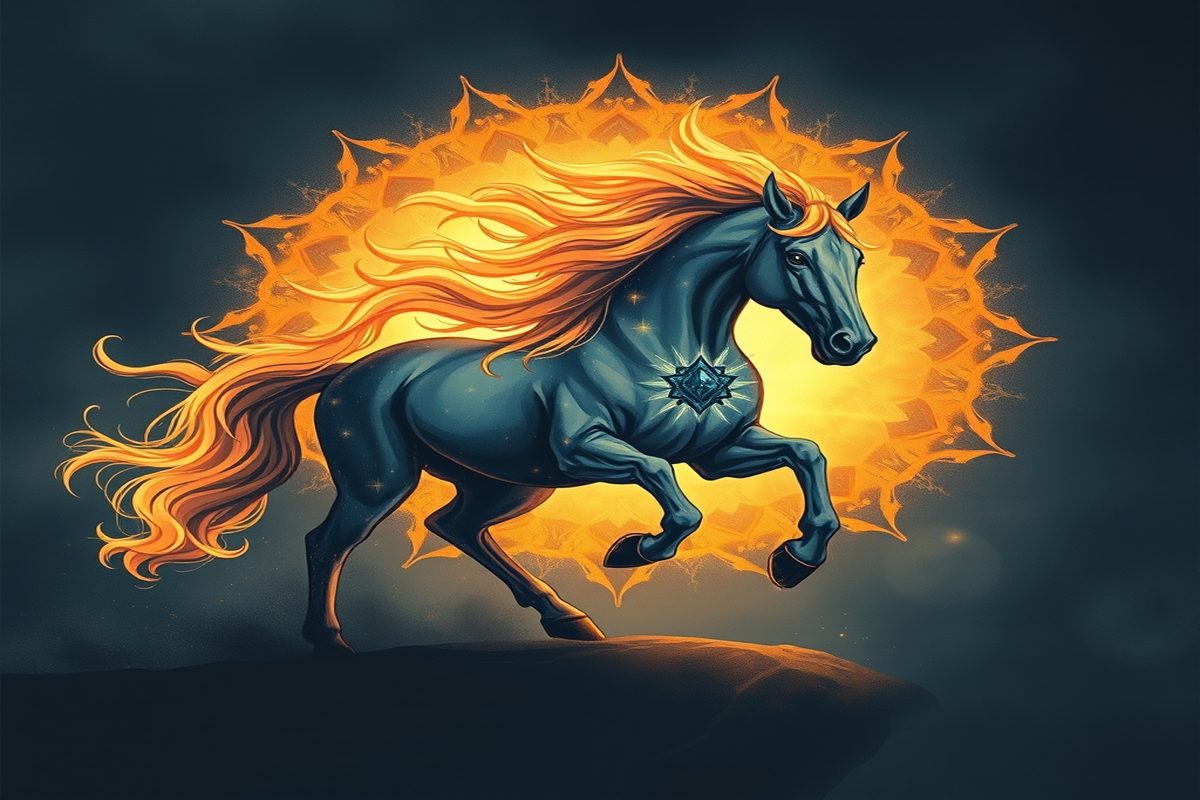 Cavalo preto com crina ao vento, correndo livremente em um prado dourado ao pôr do sol, simbolizando o animal de poder cavalo e a liberdade espiritual.