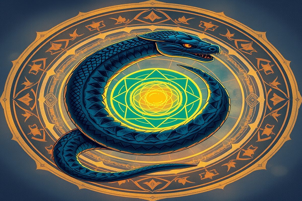 Cobra enrolada em um galho, iniciando a troca de pele, com luz dourada ao fundo