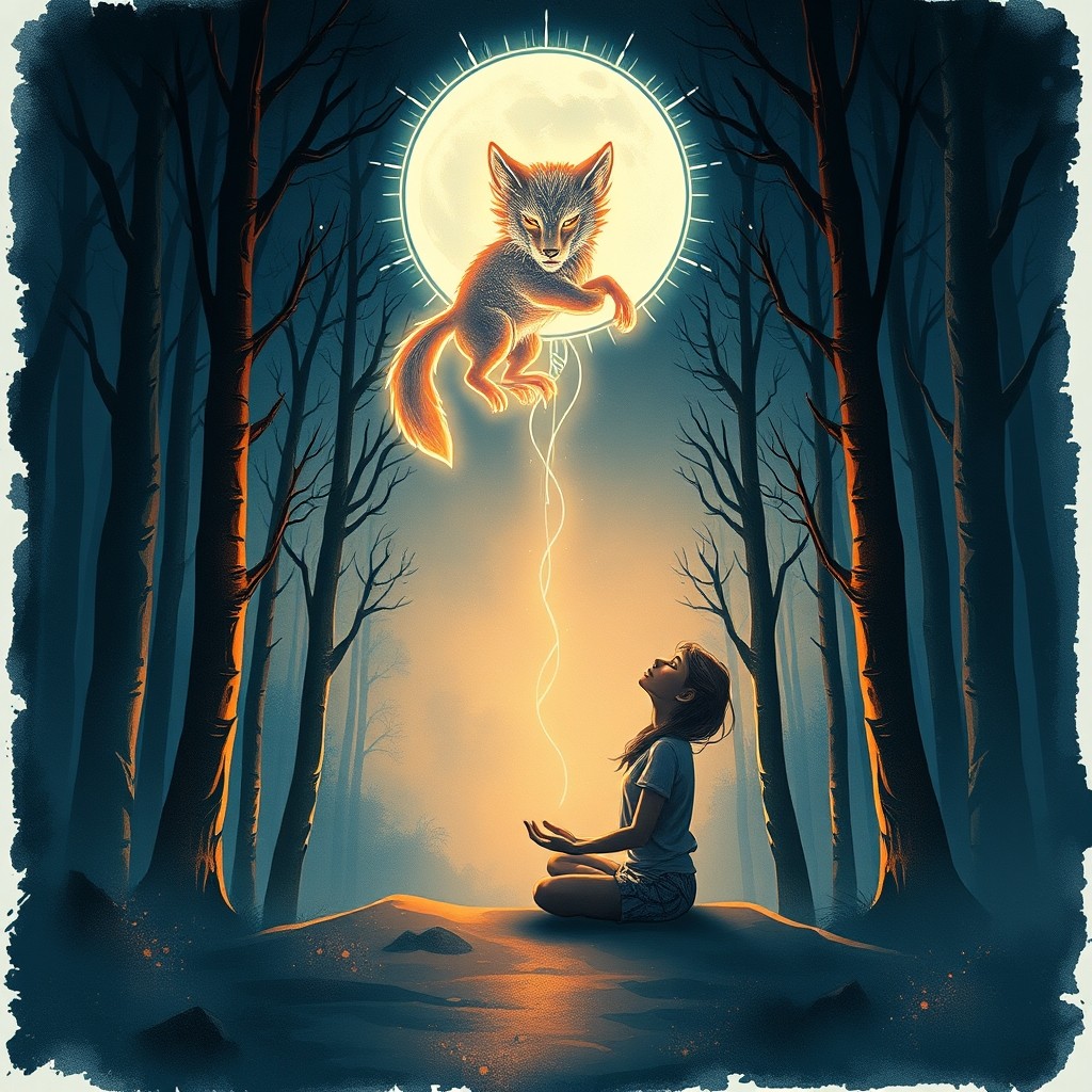 Ilustração simbólica de um buscador diante de quatro portas de madeira em meio à mata, com a luz da lua revelando pegadas de animais ao redor.
