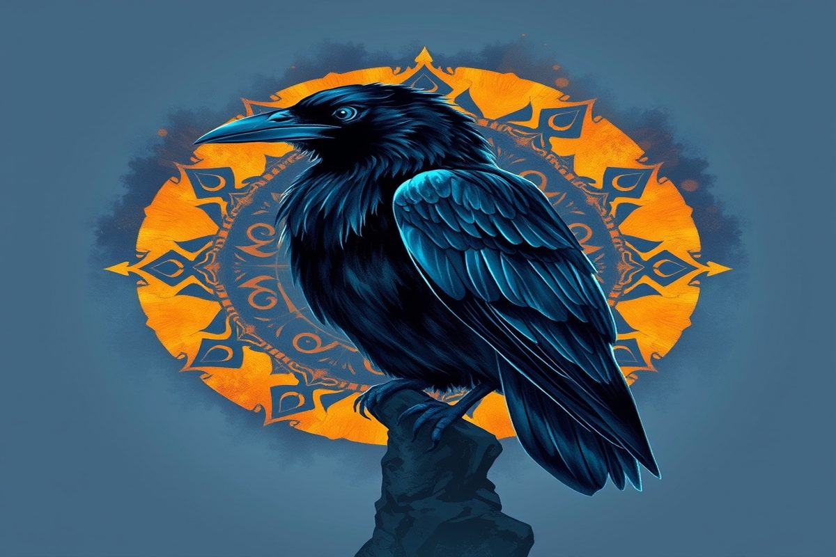Corvo preto pousado em galho ao crepúsculo, com névoa ao fundo, representando o animal de poder corvo