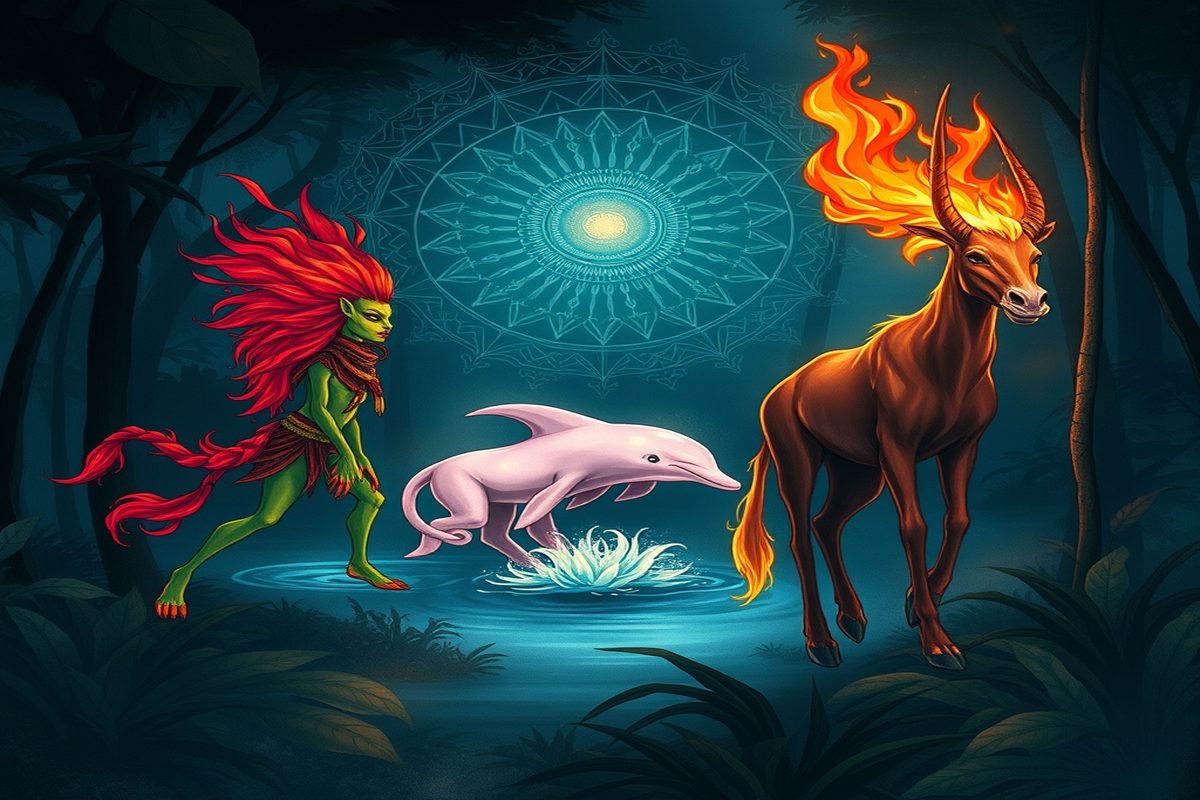 Ilustração dos três animais de poder do folclore brasileiro: Curupira, Boto-cor-de-rosa e Mula sem Cabeça
