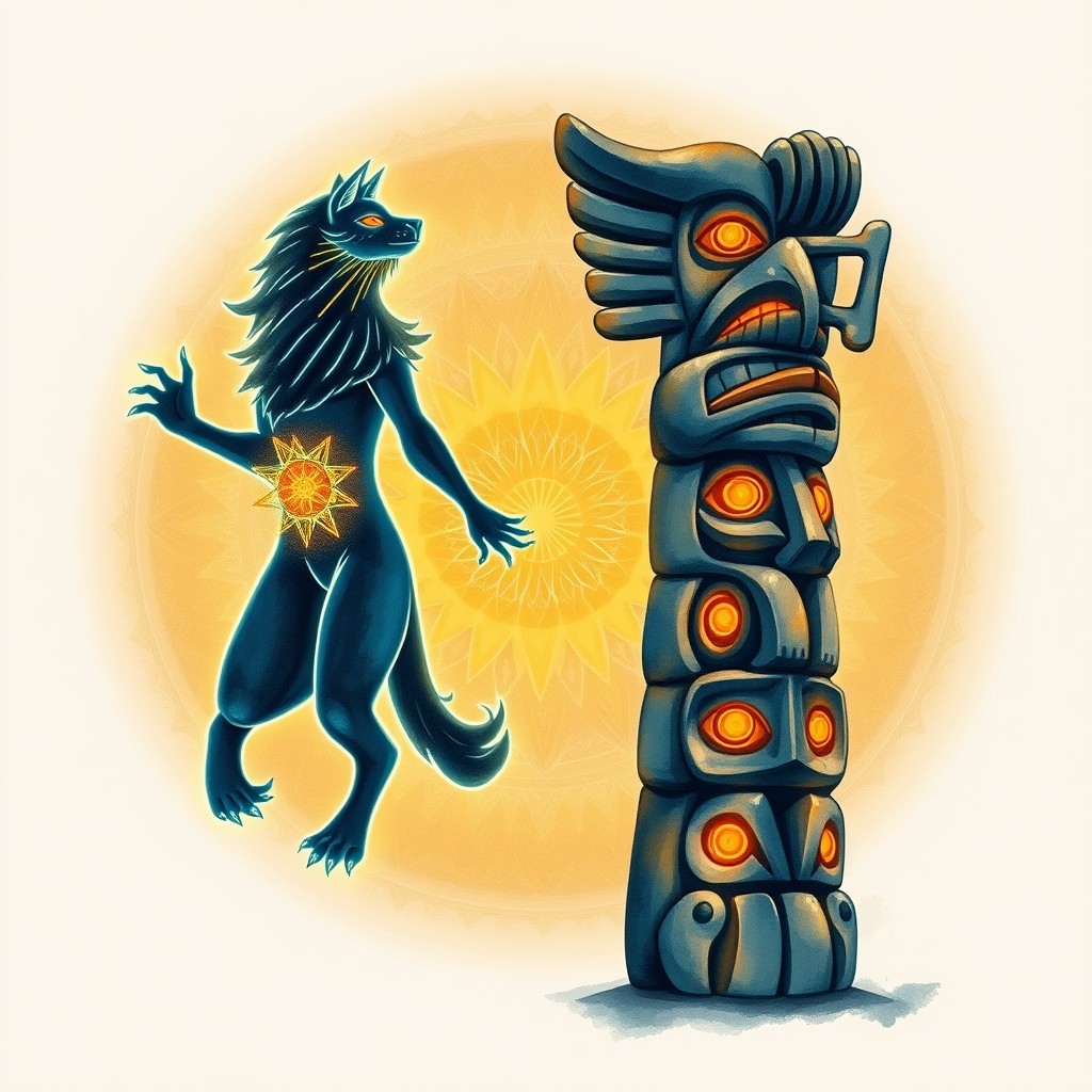 Ilustração com três elementos simbólicos: um mastro totêmico coletivo, uma silhueta de animal de poder ao lado de uma pessoa e um animal mensageiro passageiro