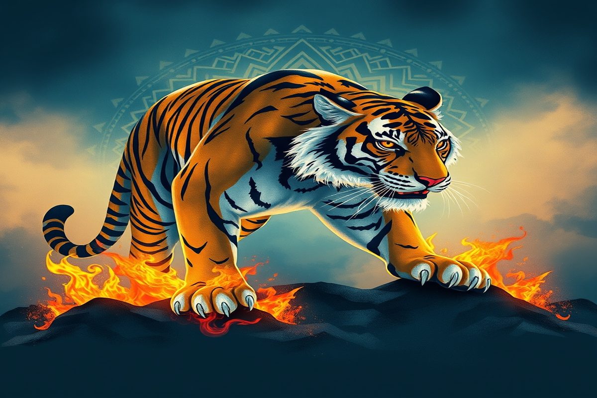 Tigre de olhar sereno em névoa dourada, representando a coragem serena como animal de poder