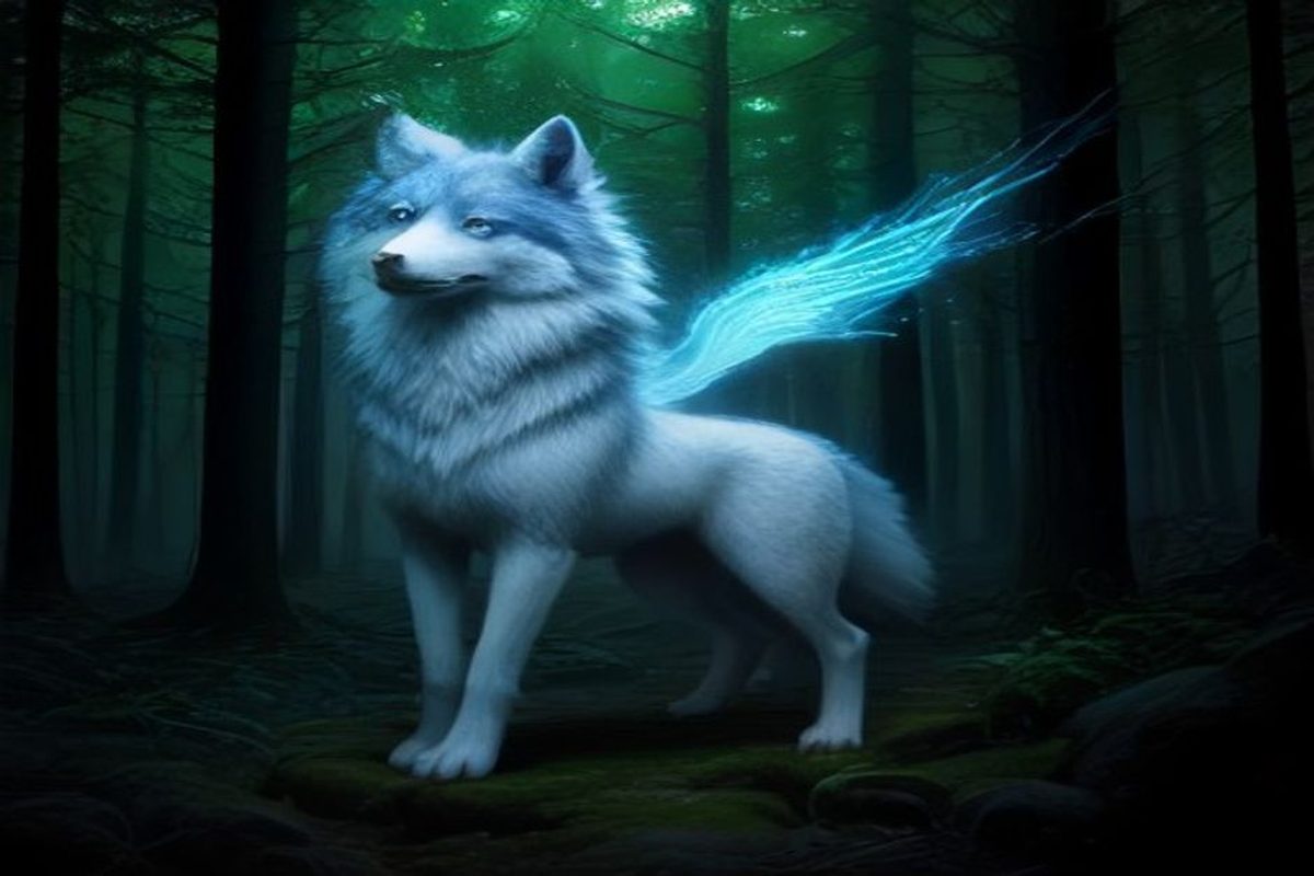 Lobo em meio à floresta, simbolizando sua ligação com a natureza e o poder espiritual.