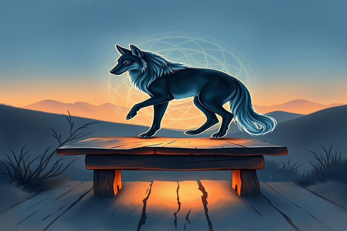 Mesa comunitária ao entardecer, com velas e representações simbólicas de animais