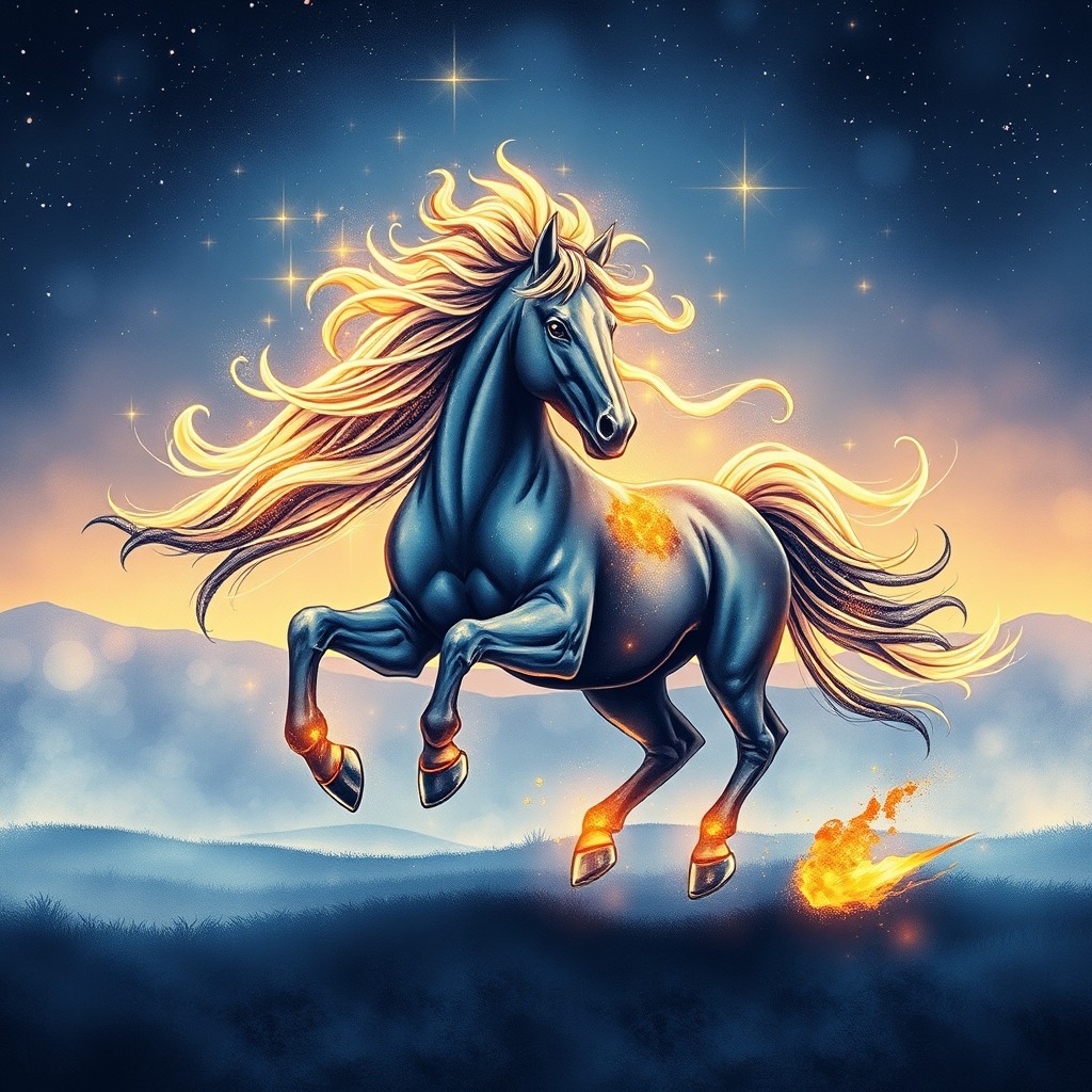 Ilustração simbólica de um cavalo galopando em meio à névoa, representando o galope invisível da força interior que se manifesta nos sonhos