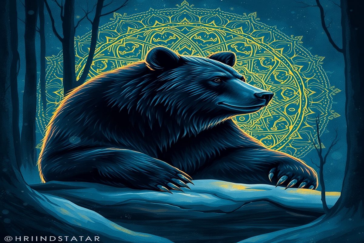 Urso pardo em postura de poder, com olhar sereno, representando a força silenciosa da hibernação espiritual.