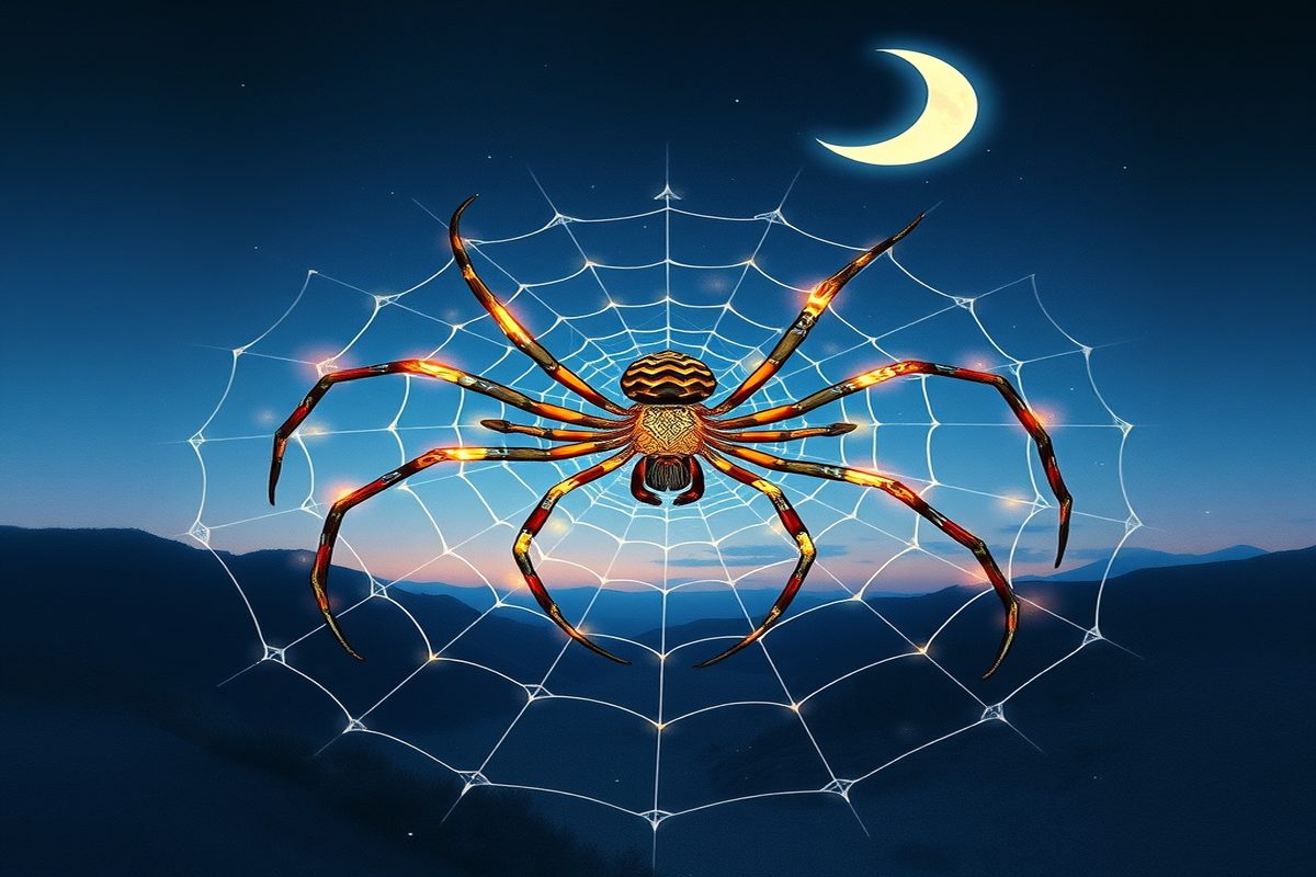 Ilustração onírica de aranha tecendo fios prateados entre luzes do inconsciente