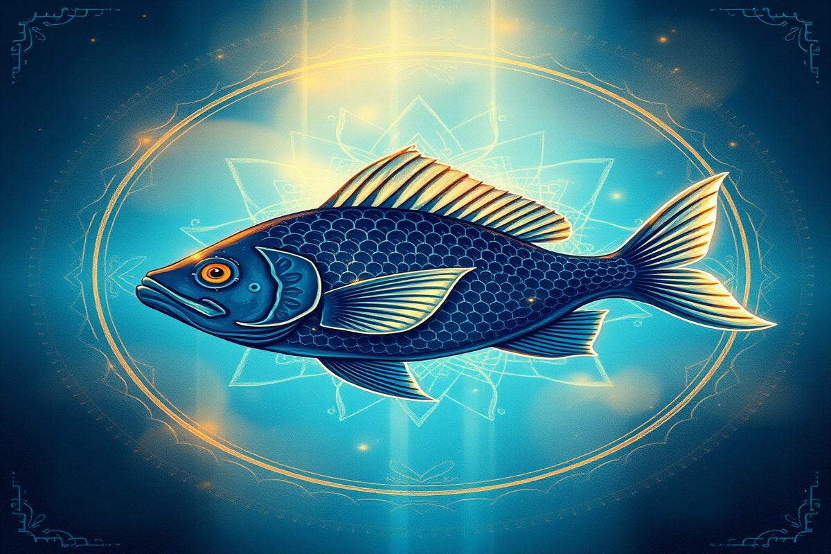 Peixe prateado nadando em águas escuras e profundas, iluminado por um feixe de luz que desce da superfície, evocando o encontro entre o consciente e o inconsciente.