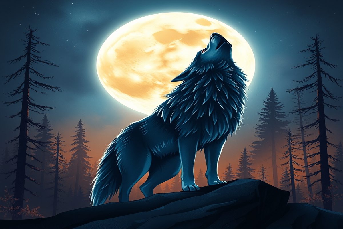 Lobo solitário uivando para o céu noturno entre montanhas, com luz de lua prateada