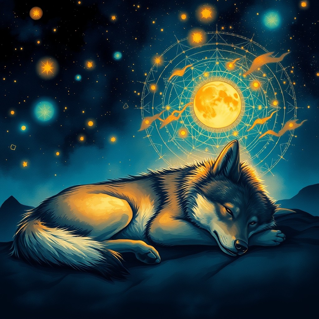 Ilustração simbólica de um cão dormindo sob um céu estrelado, com imagens oníricas de labirintos e florestas ao fundo