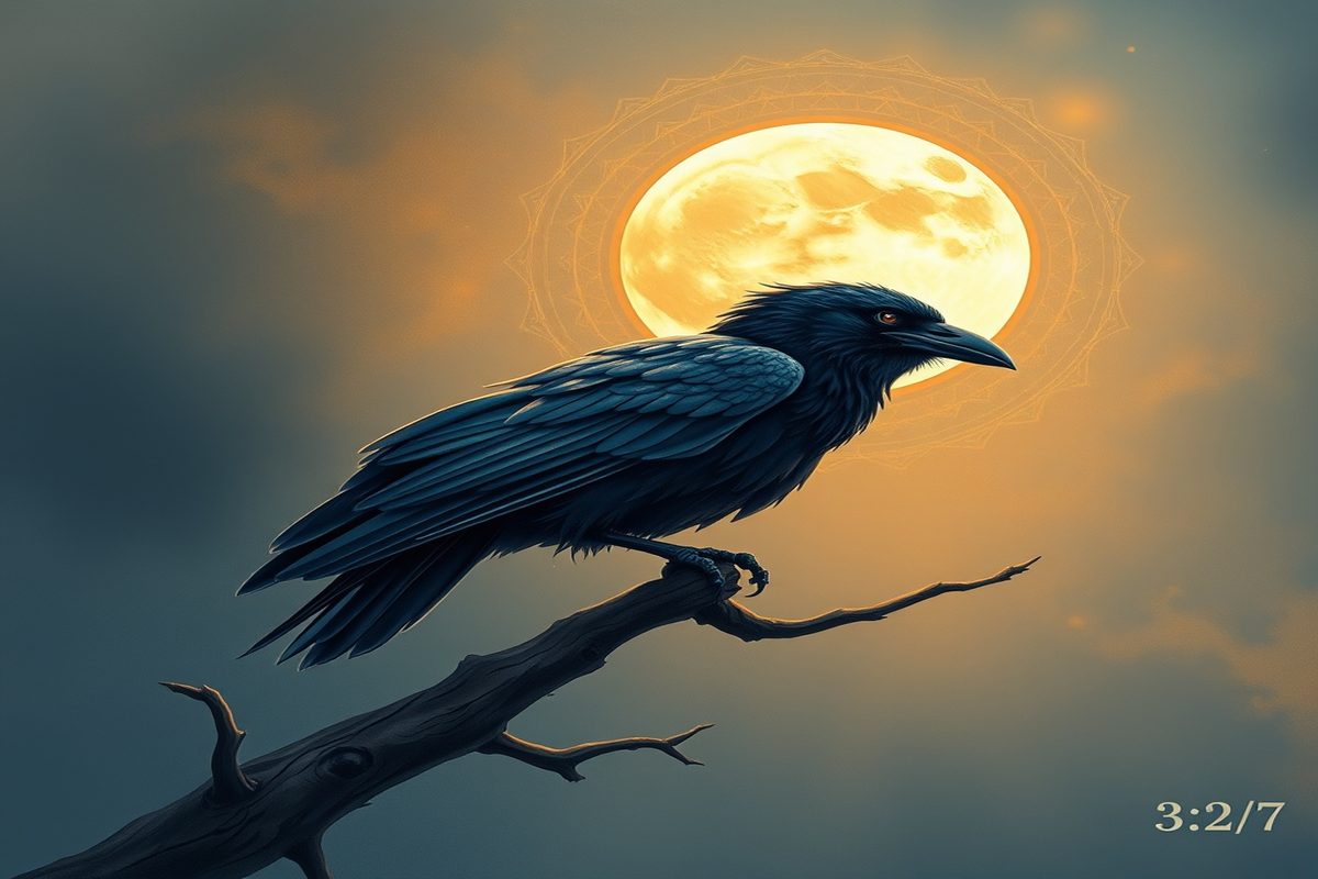 Ilustração simbólica de um corvo, um gato e o deus Bes velando o sono