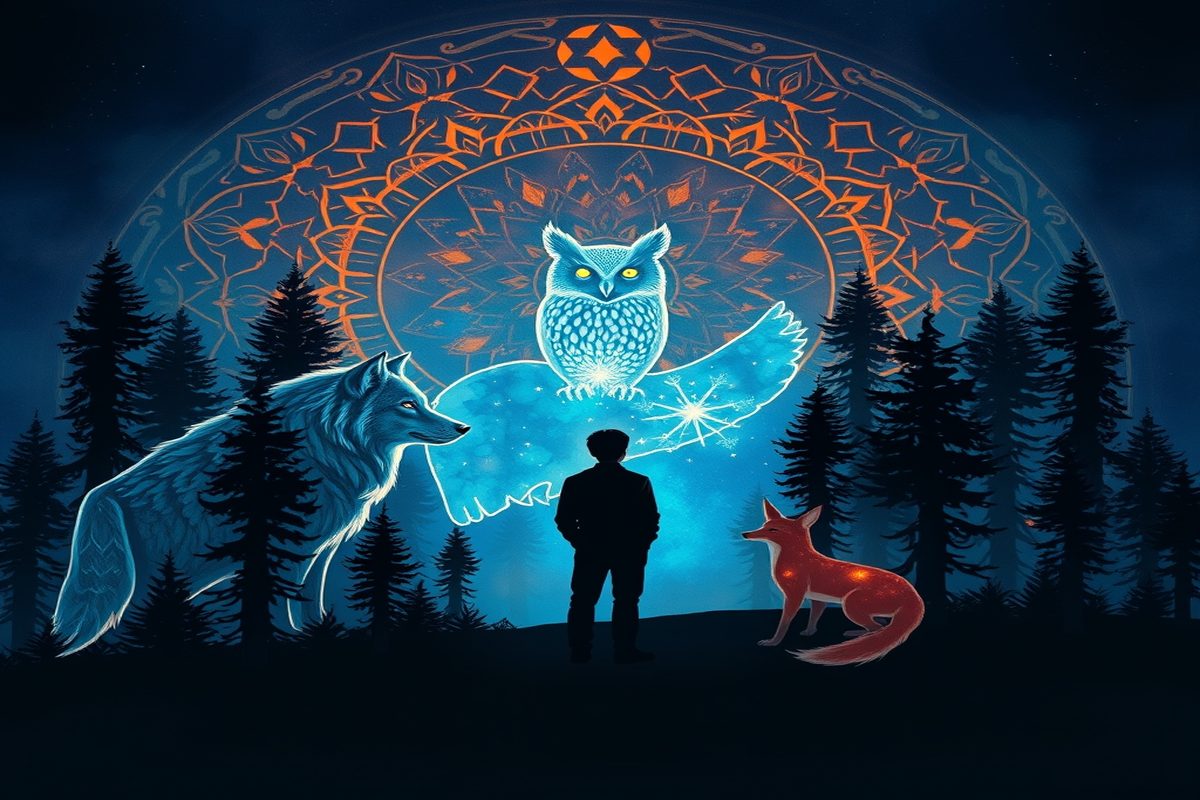 Ilustração simbólica de oito animais de poder em mandala: lobo, águia, golfinho, polvo, elefante, coruja, serpente e urso, sob o olhar da mata.