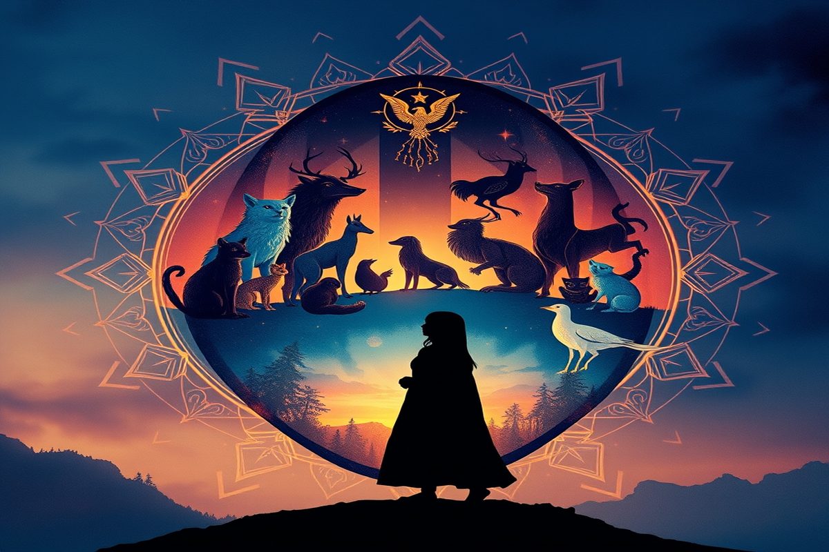 Silhuetas de golfinho, águia, polvo, elefante, cão e gato entrelaçadas numa mandala simbólica, representando a reflexão sobre arquétipos animais.