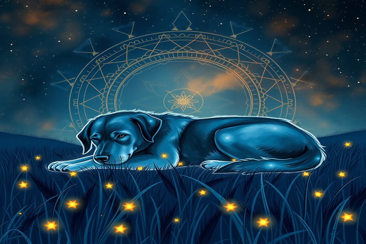 Ilustração de um cachorro ancestral, como um guardião espiritual, no limiar entre a luz e a sombra, simbolizando proteção.
