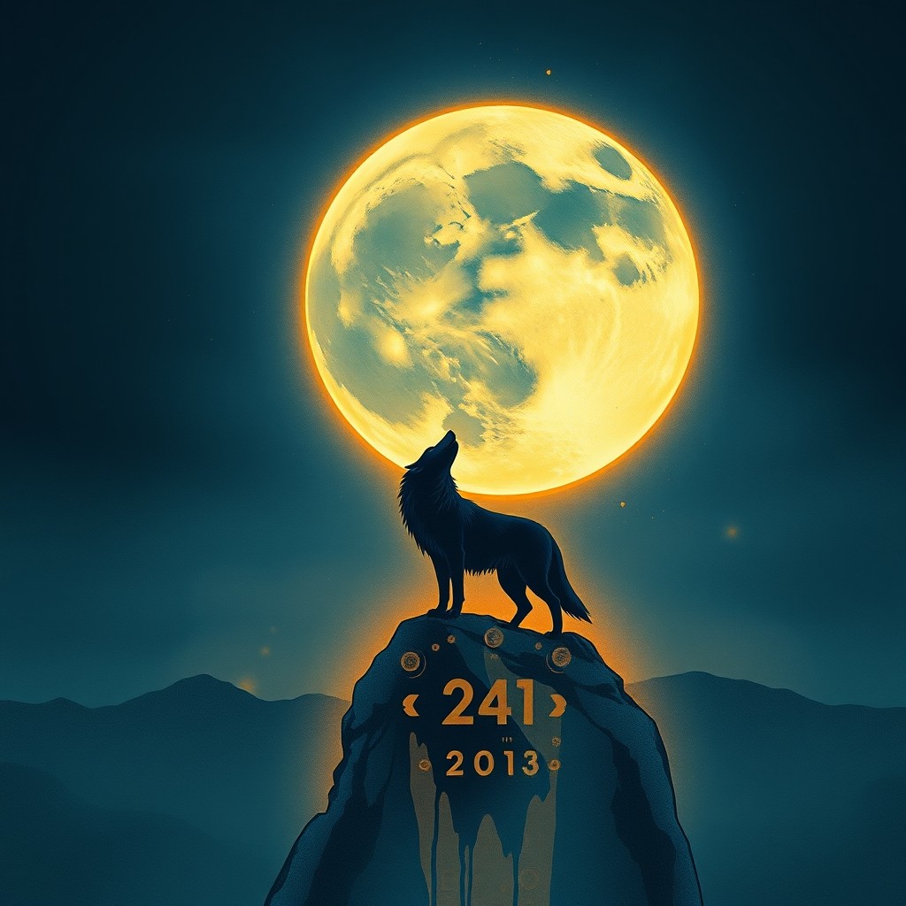 Lobo cinzento uivando sob a lua cheia em uma floresta noturna, simbolizando o chamado do inconsciente nos sonhos.